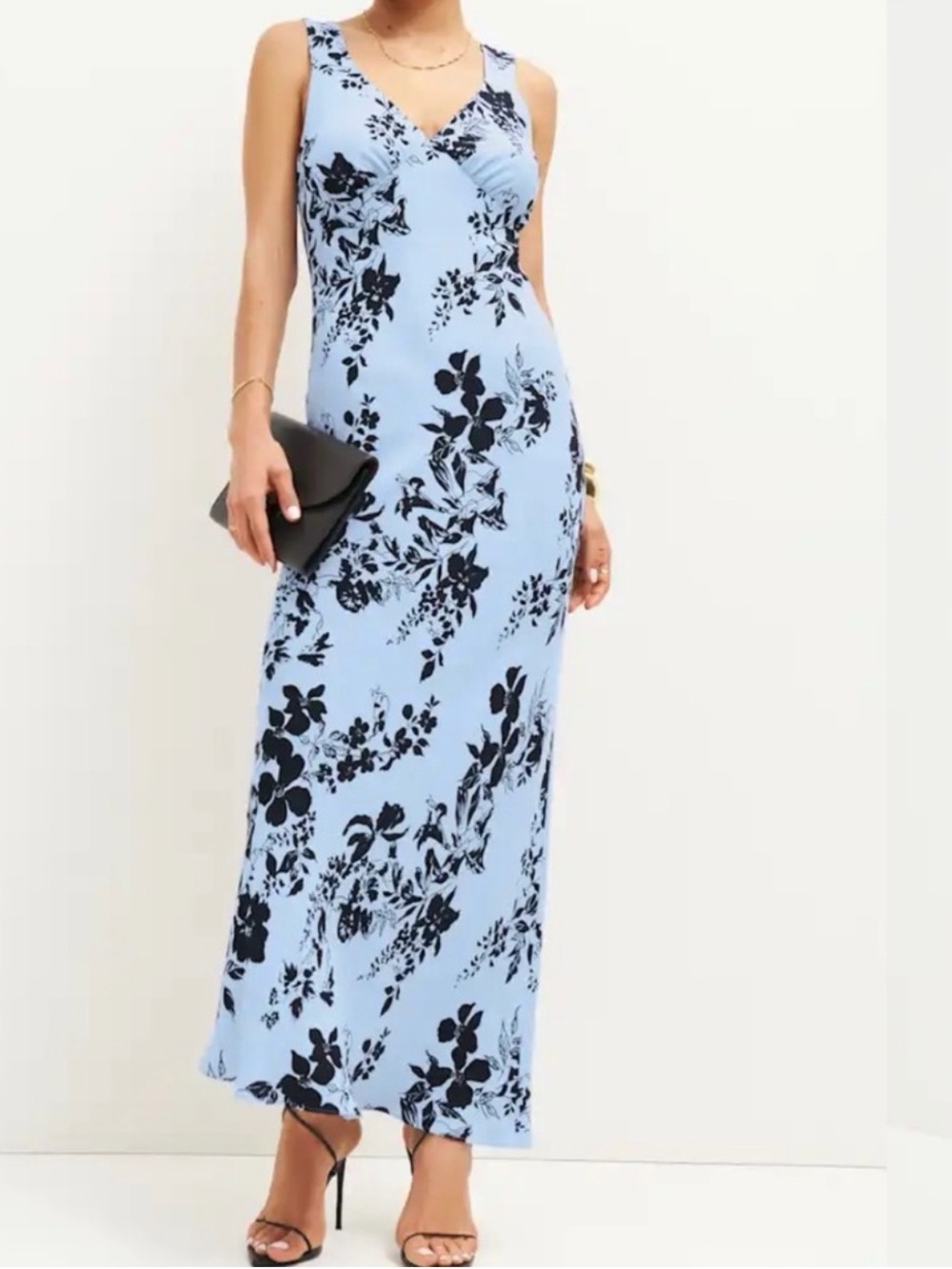 Reformation Light Blue Maxi Dress with Navy Floral Pattern